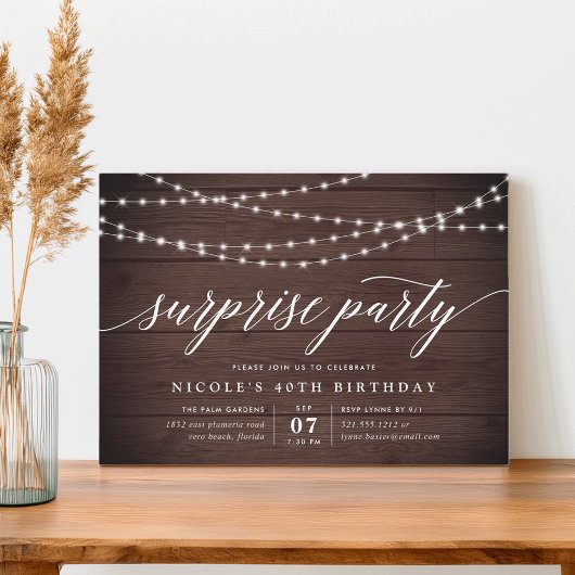 Rustic String Lights Surprise Party Uitnodiging