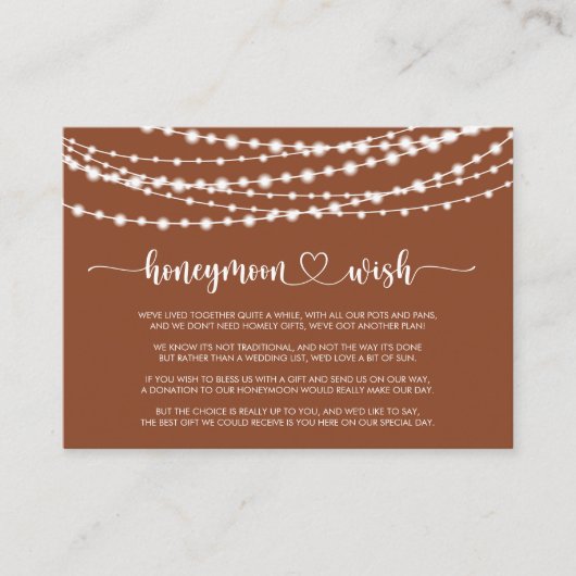 Rustic String Lights Terracotta Huwelijksreis Wens Informatiekaartje (Voorkant)