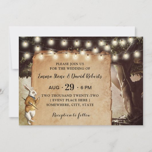 Rustic String Lights & Tree Fairy Tale Wedding Kaart (Voorkant)
