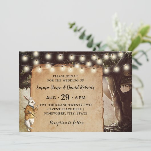 Rustic String Lights & Tree Fairy Tale Wedding Kaart (Staand voorkant)