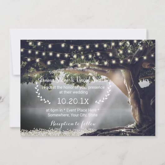 Rustic String Lights  Tree & Lake Wedding Kaart (Voorkant)