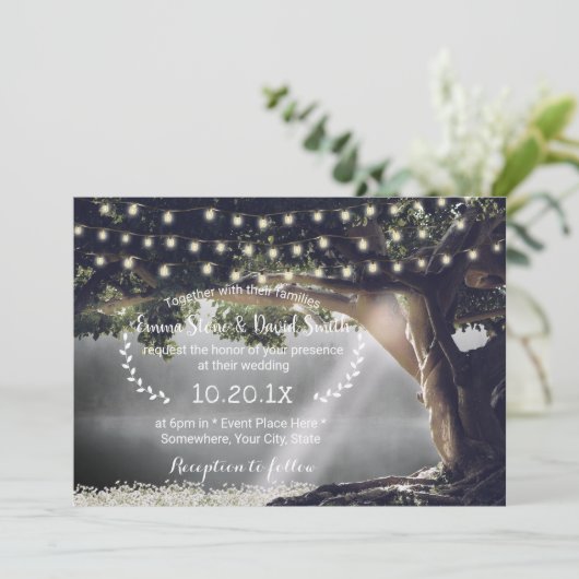 Rustic String Lights  Tree & Lake Wedding Kaart (Staand voorkant)