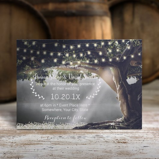 Rustic String Lights  Tree & Lake Wedding Kaart