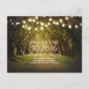 Rustic String Lights Tree Path Sla de datum op Aankondigingskaart