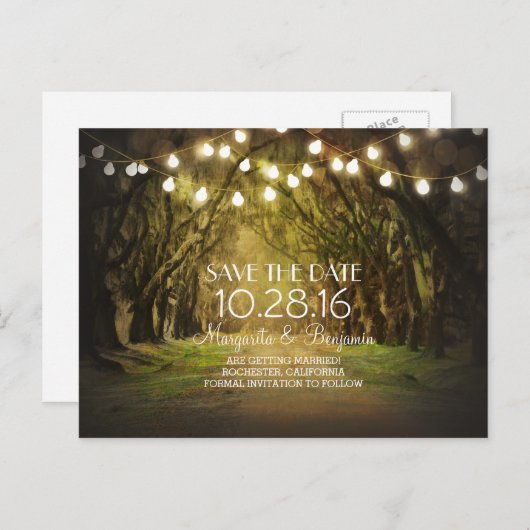 Rustic String Lights Tree Path Sla de datum op Aankondigingskaart (Voorkant / Achterkant)