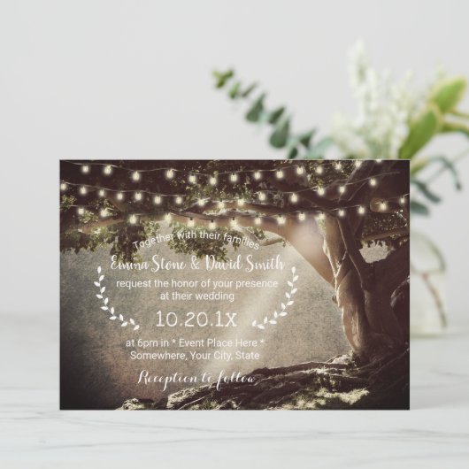 Rustic String Lights Tree Wedding Kaart (Staand voorkant)