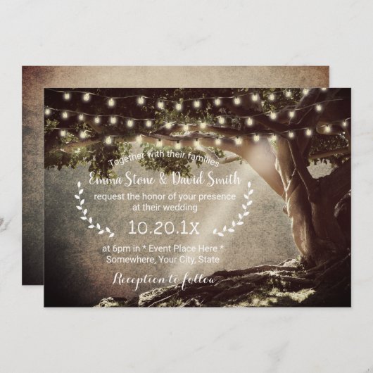 Rustic String Lights  Tree Wedding Kaart (Voorkant / Achterkant)