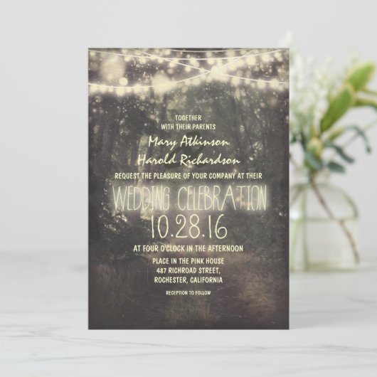 Rustic String Lights Uitnodiging voor bruiloft (Staand voorkant)