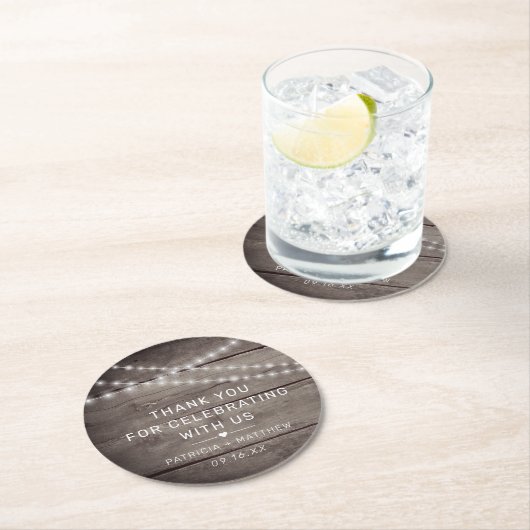 Rustic String Lights Wedding Favor Ronde Kartonnen Onderzetter (Insitu)