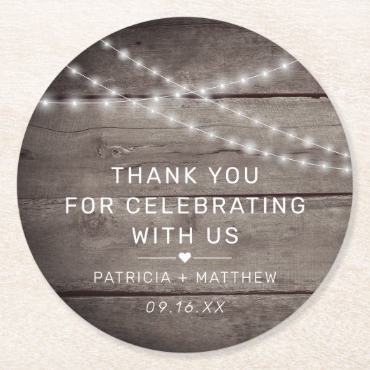 Rustic String Lights Wedding Favor Ronde Kartonnen Onderzetter (Voorkant)