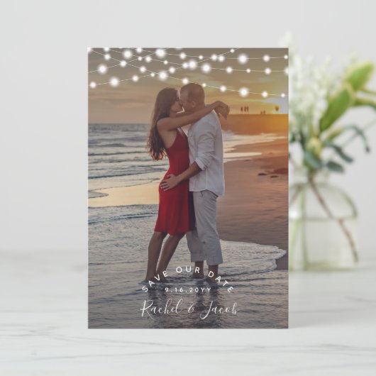 Rustic String Lights Wedding Save the Date Foto (Staand voorkant)
