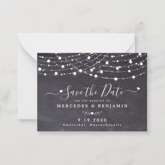 Rustic String Lights Wedding Save the Date Slate Notitiekaartje (Voorkant)