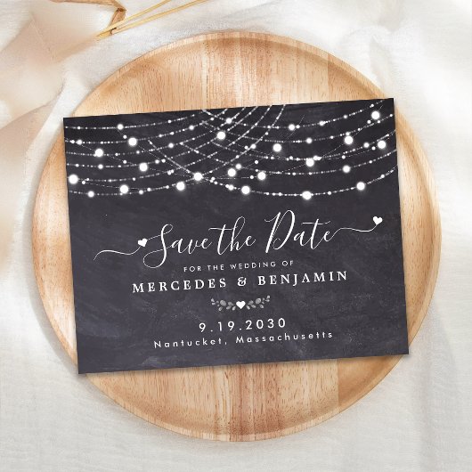 Rustic String Lights Wedding Save the Date Slate Notitiekaartje
