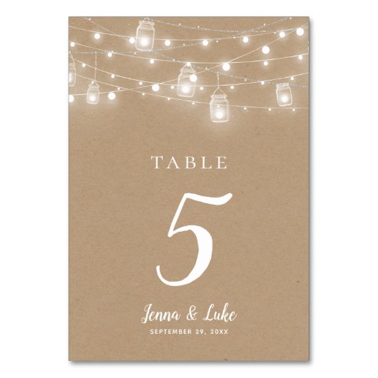Rustic String Lights Wedding Table Numbers Kaart (Voorkant)