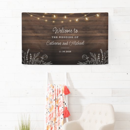 Rustic String Lights Welkomstbruiloft Spandoek (Insitu)