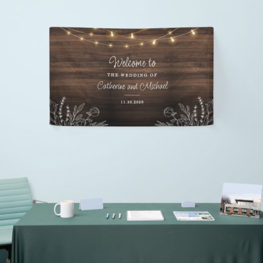 Rustic String Lights Welkomstbruiloft Spandoek (Beurs)