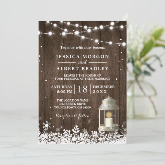 Rustic String Lights White Lantern Winter Wedding Kaart (Staand voorkant)