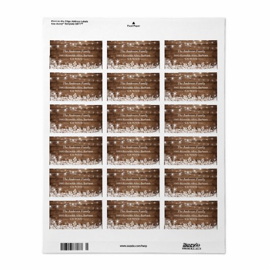 Rustic String Lights Winter Kerstsnowflakes Etiket (Full Sheet)