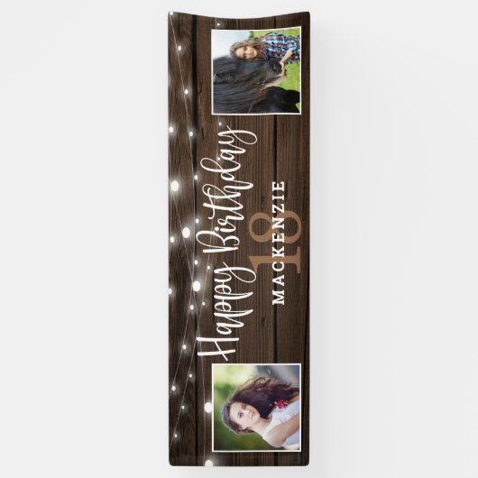 Rustic String Lights Wood 18th Birthday Foto Spandoek (Verticaal)