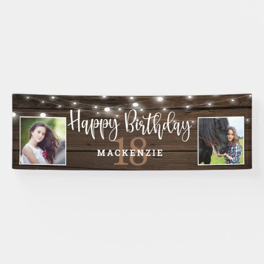 Rustic String Lights Wood 18th Birthday Foto Spandoek (Horizontaal)