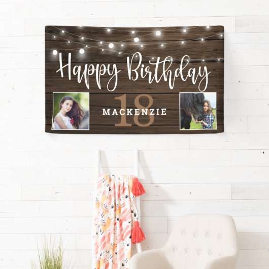 Rustic String Lights Wood 18th Birthday Foto Spandoek (Insitu)