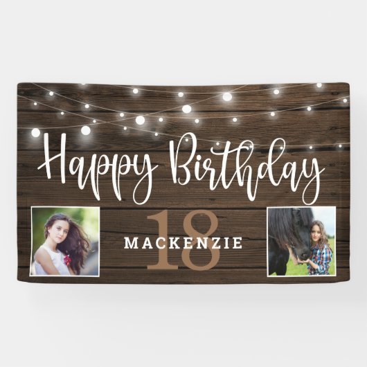 Rustic String Lights Wood 18th Birthday Foto Spandoek (Horizontaal)