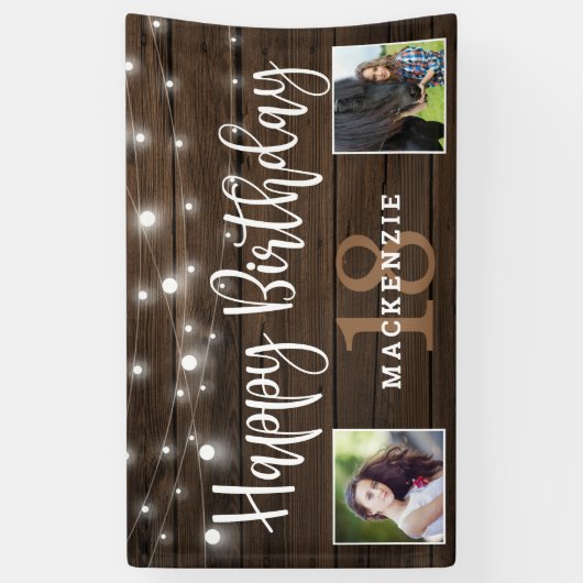 Rustic String Lights Wood 18th Birthday Foto Spandoek (Verticaal)