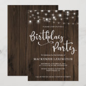 Rustic String Lights Wood 21st Birthday Party Kaart (Voorkant / Achterkant)