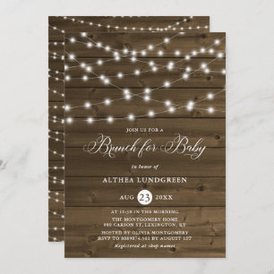 Rustic String Lights Wood Baby shower Brunch Kaart