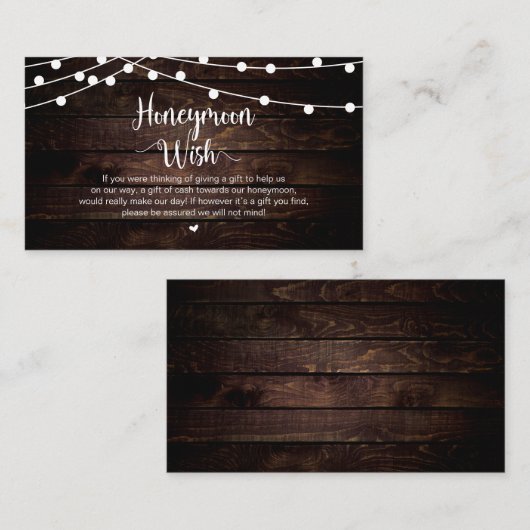 Rustic String Lights, Wood, Honeymoon Wish Informatiekaartje (Voorkant / Achterkant)