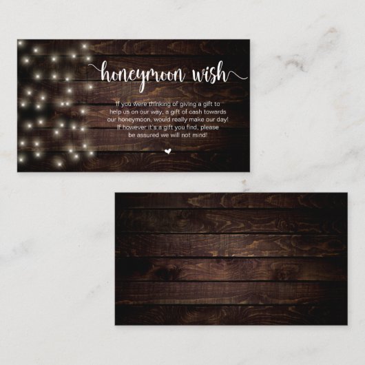 Rustic String Lights, Wood, Honeymoon Wish Informatiekaartje (Voorkant / Achterkant)