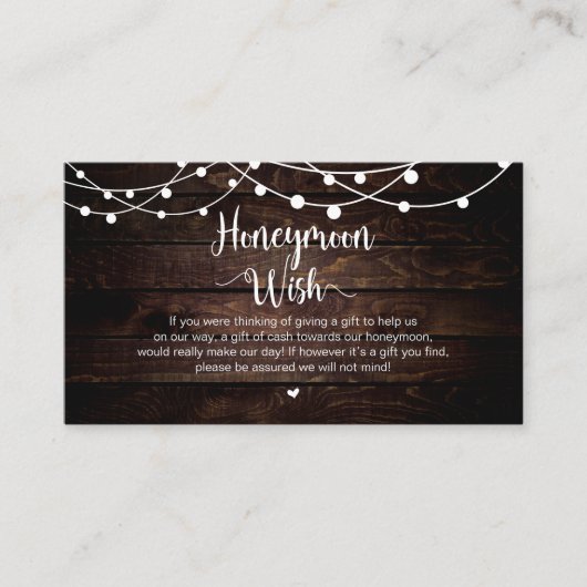Rustic String Lights, Wood, Honeymoon Wish Informatiekaartje (Voorkant)