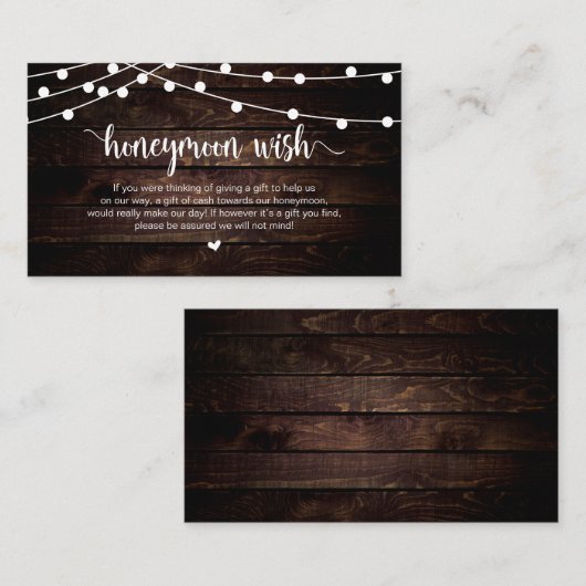 Rustic String Lights, Wood, Honeymoon Wish Informatiekaartje (Voorkant / Achterkant)