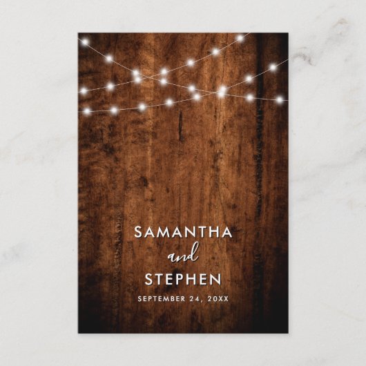 Rustic String Lights & Wood Wedding Details Informatiekaartje (Voorkant)