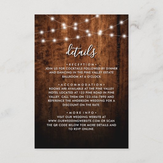 Rustic String Lights & Wood Wedding Details Informatiekaartje (Achterkant)
