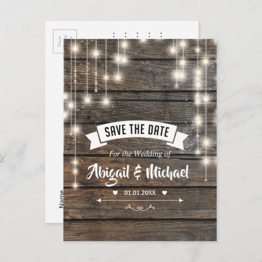 Rustic String Lights Wooden Save The Date Briefkaa Aankondigingskaart (Voorkant / Achterkant)