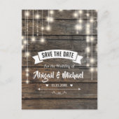 Rustic String Lights Wooden Save The Date Briefkaa Aankondigingskaart (Voorkant)