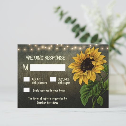 Rustic String Lights Zonnebloem Huwelijk RSVP Kaar (Staand voorkant)