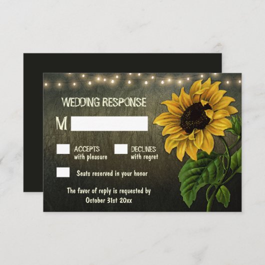 Rustic String Lights Zonnebloem Huwelijk RSVP Kaar (Voorkant / Achterkant)