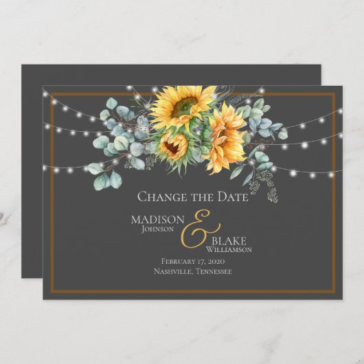 Rustic String Lights Zonnebloem Verander de datum Save The Date (Voorkant / Achterkant)