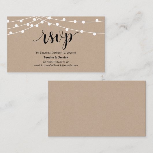 Rustic String Lights, Zwart script, RSVP bruiloft Informatiekaartje (Voorkant / Achterkant)