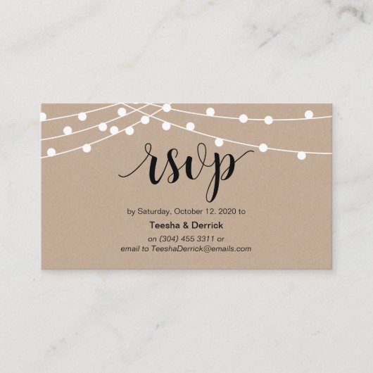 Rustic String Lights, Zwart script, RSVP bruiloft Informatiekaartje (Voorkant)