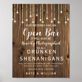 Rustic String of light Open Bar trouwbord Poster