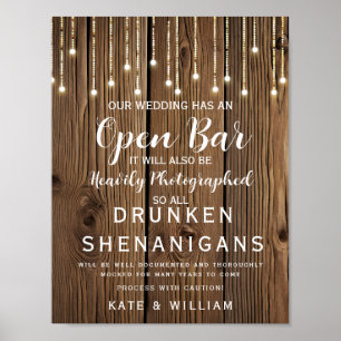 Rustic String of light Open Bar trouwbord Poster