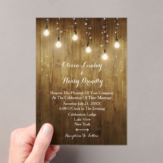 Rustic String Of Lights Huwelijk Acryl Uitnodiging (Insitu (Draagbaar))