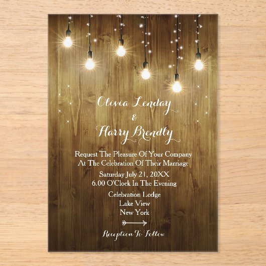 Rustic String Of Lights Huwelijk Acryl Uitnodiging (Voorkant)