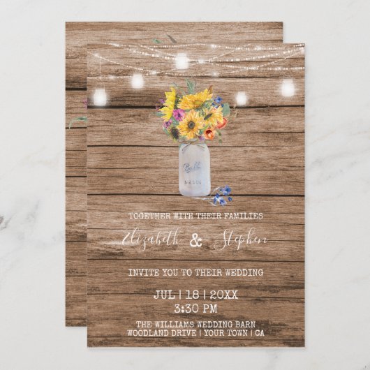 Rustic String of Lights & Mason Jar Wedding Kaart (Voorkant / Achterkant)