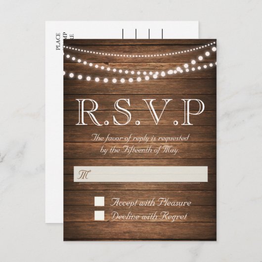 Rustic String of Lights RSVP-Briefkaart Uitnodiging Briefkaart (Voorkant / Achterkant)