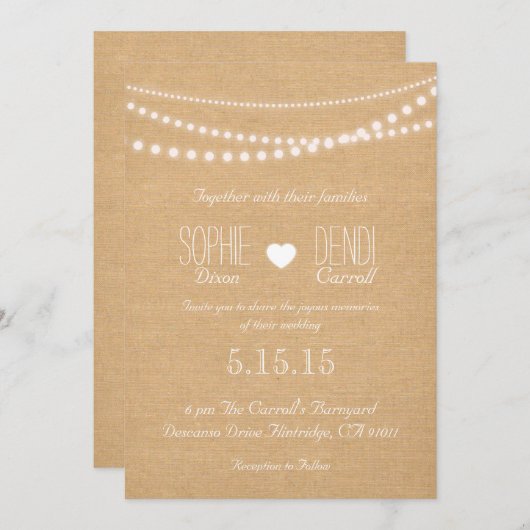 Rustic String of Lights Wedding Invitation Kaart (Voorkant / Achterkant)