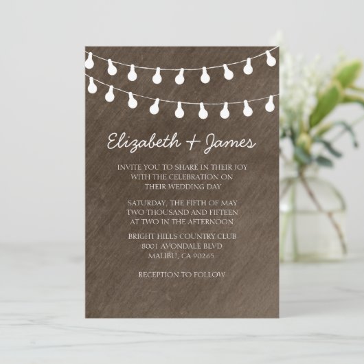 Rustic String of Lights Wedding Invitations Kaart (Staand voorkant)